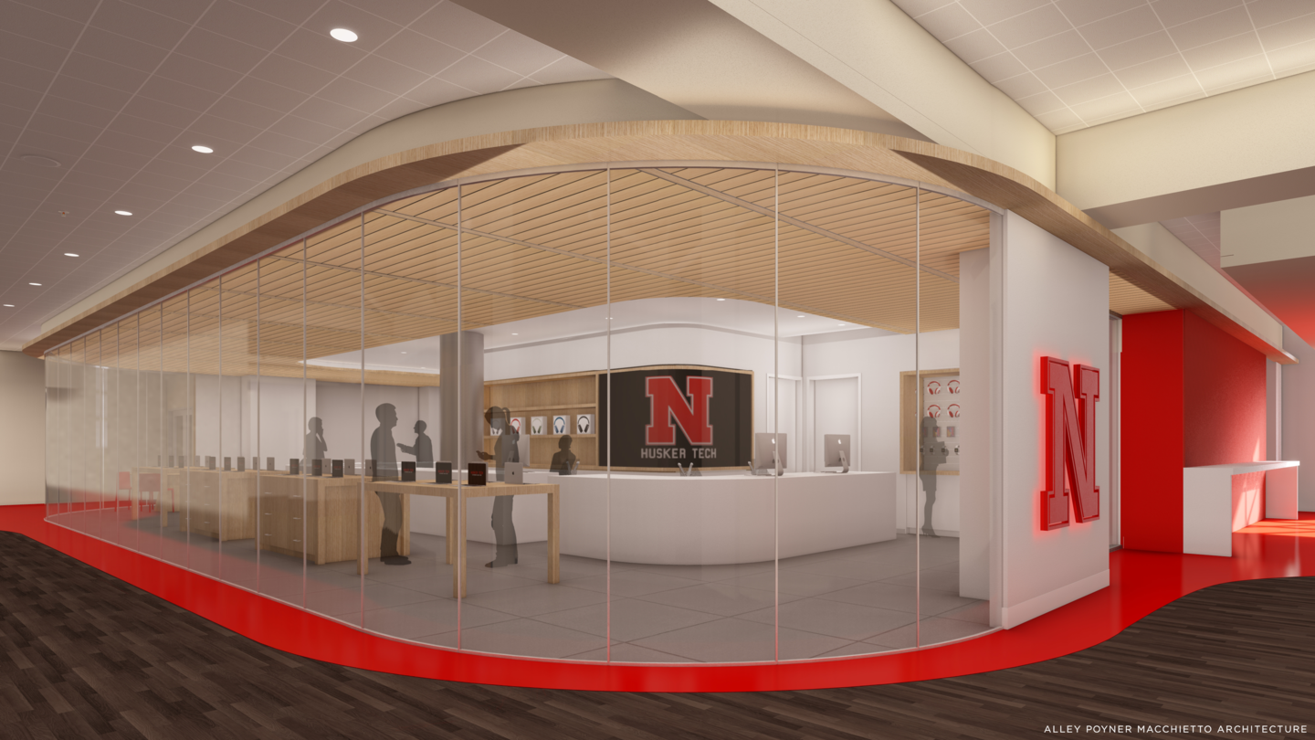 Computer-generated image of what the renovated Huskertech store might look like. The outer wall is entirely glass with light wood accents for the interior of the store.