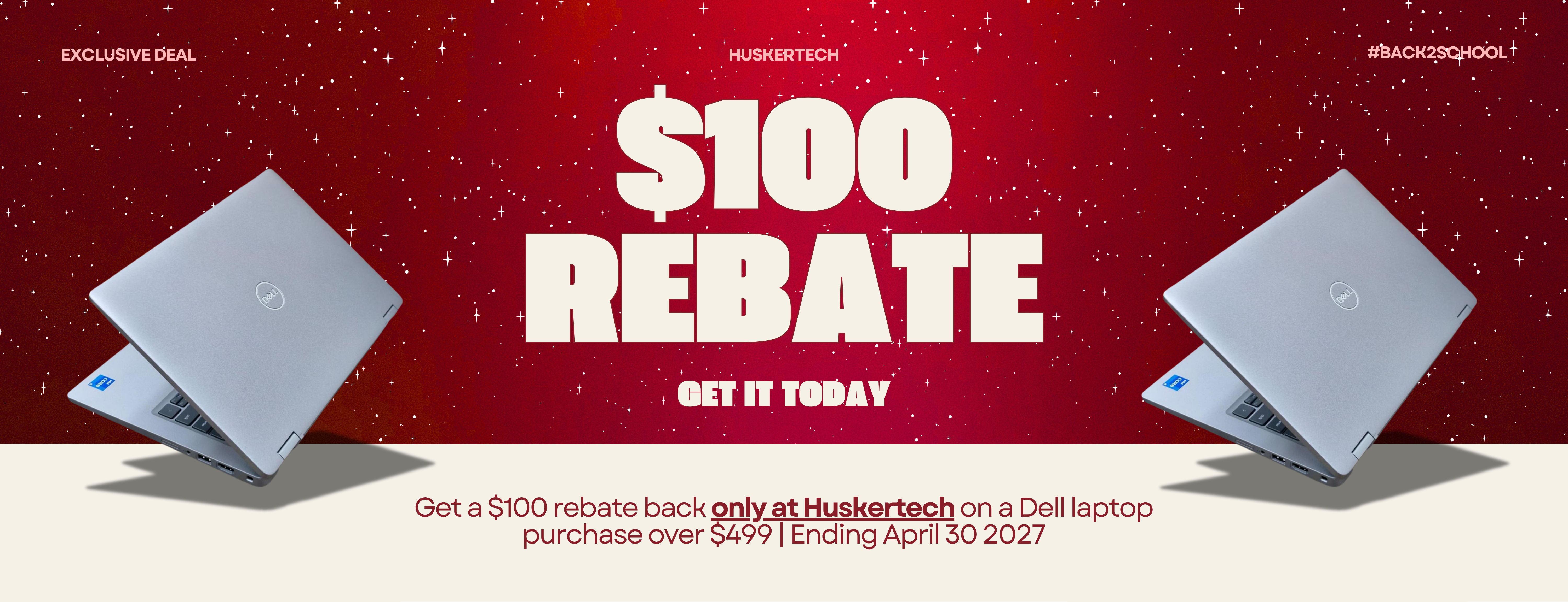$100 rebate promotion on Dell laptops with red starry background and two laptops angled outward.
