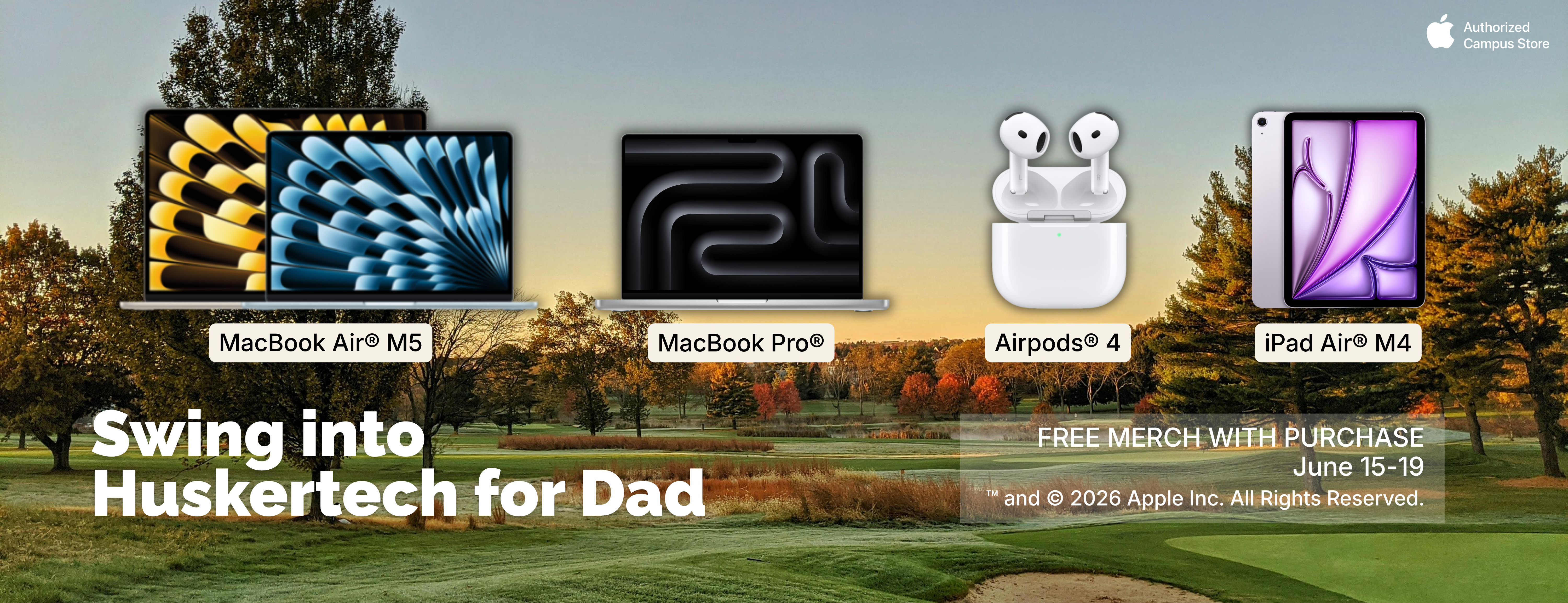 Apple devices displayed on a grassy landscape, including MacBooks, AirPods, and iPad Air.