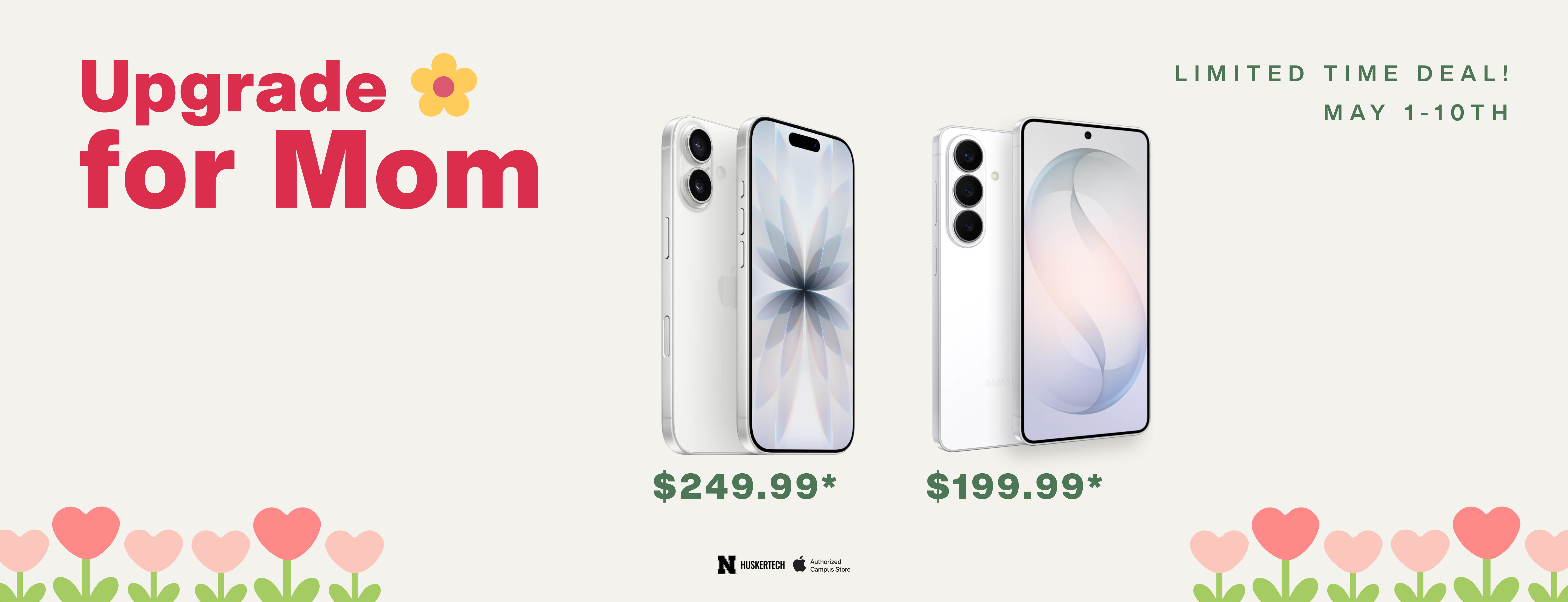 Smartphones displayed with prices $249.99 and $199.99, surrounded by flowers and promotional text.