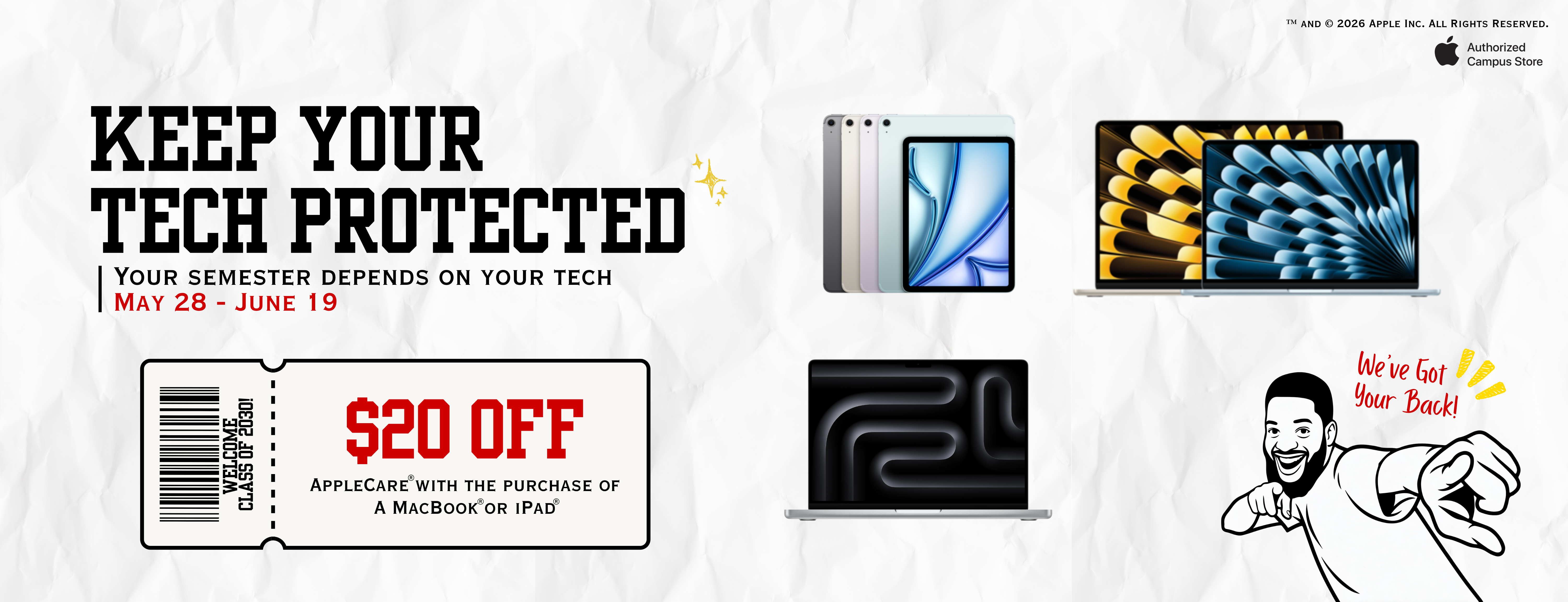 $20 off coupon for AppleCare with MacBook and iPad images, white background, and promotional text.