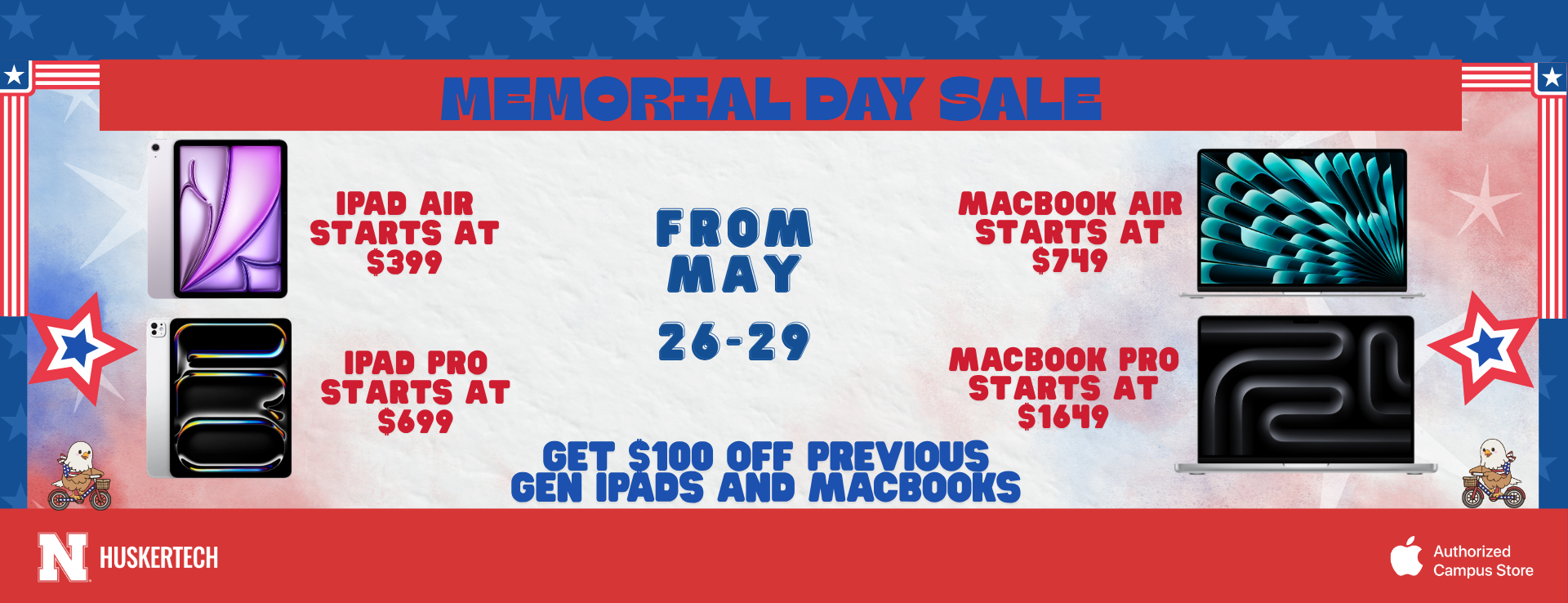 Memorial Day sale banner with discounts on iPads and MacBooks, May 26-29, blue and red patriotic theme.