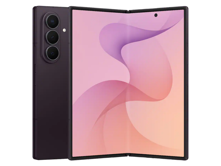 Foldable smartphone with three rear cameras and a pink gradient screen display.