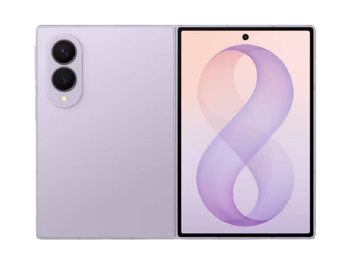 Foldable smartphone, lavender color, dual rear cameras, unfolded screen showing purple abstract figure 8.
