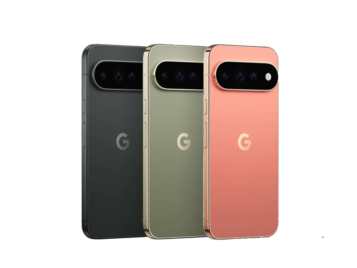 Three smartphones in black, green, and pink colors, featuring rear cameras and the "G" logo.