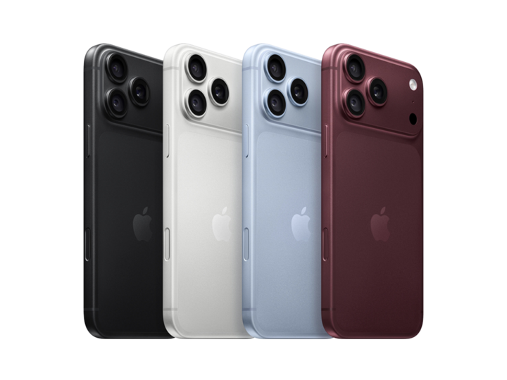 Four smartphones in black, silver, light blue, and dark red, featuring sleek designs and triple cameras.