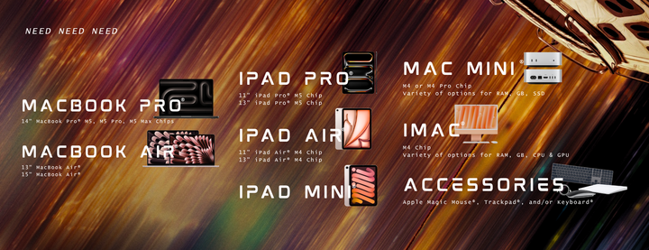 A graphic listing Apple products, including MacBooks, iPads, Mac Mini, iMac, and accessories, on a streaked orange background.
