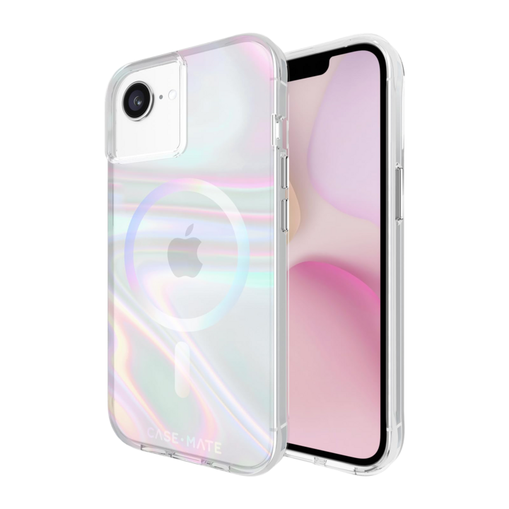 Iridescent phone case with MagSafe, next to a smartphone showing a pink-themed lock screen.