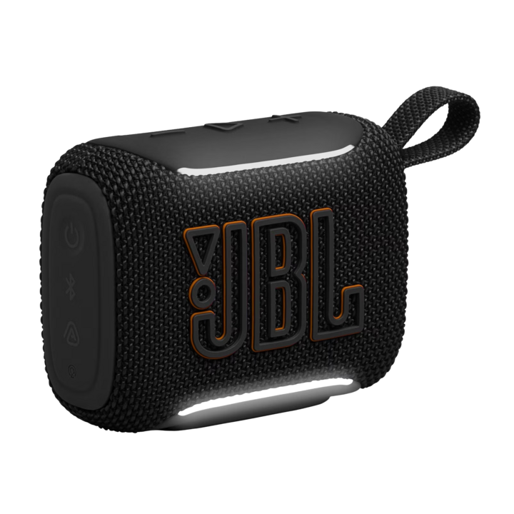 Black JBL portable speaker with textured surface and loop handle.