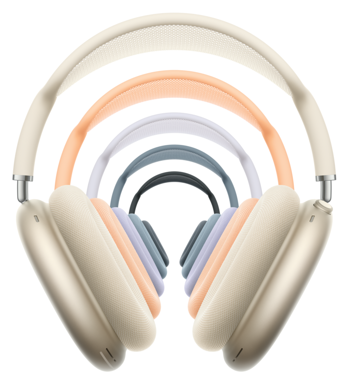Over‑ear headphones shown in multiple color variations arranged concentrically, with the largest pair in the foreground.