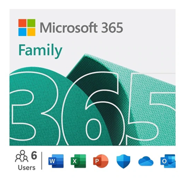 Microsoft 365 Family, includes Word, Excel, Powerpoint, Outlook, OneNote and OneDrive