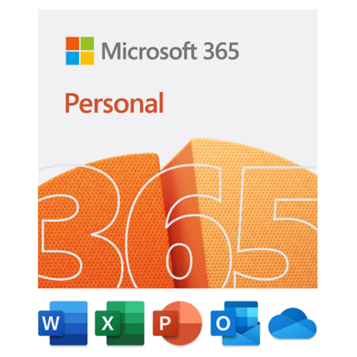 Microsoft 365 Personal, includes Word, Excel, Powerpoint, Outlook, and OneDrive