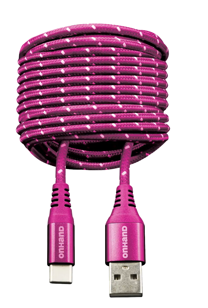 Pink braided USB to USB-C cable neatly coiled, with "onhand" branding on connectors.