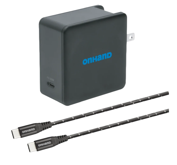 USB-C charger with "OnHand" logo and two black braided USB-C cables.