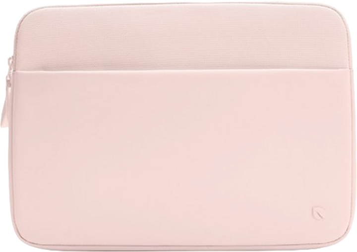 Pink laptop sleeve with a textured top section and smooth bottom, featuring a small logo.