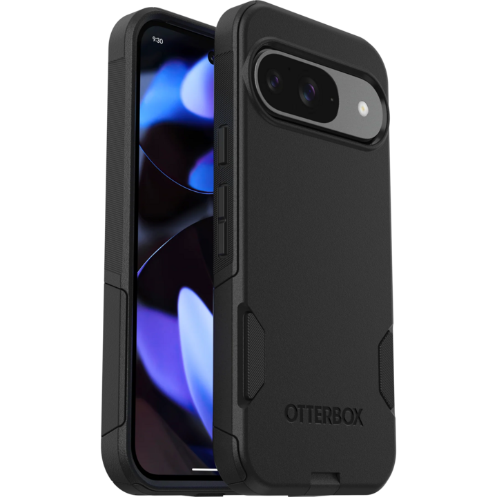 Black phone case with rugged design on a smartphone displaying vibrant blue and purple patterns.