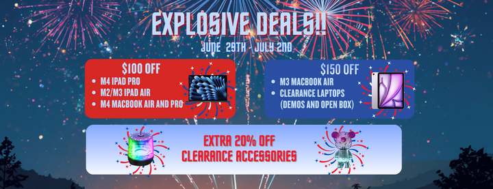 Explosive-themed sale banner featuring fireworks and discount details for tech products.