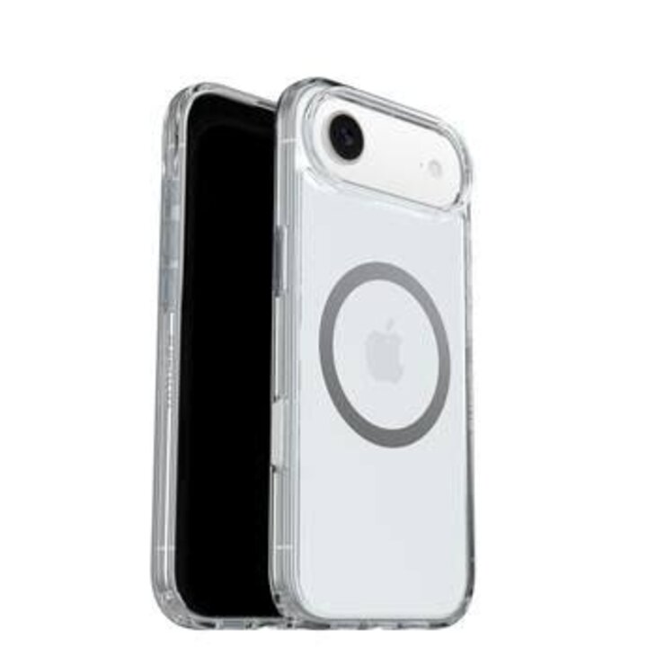 Clear phone case with MagSafe ring and Apple logo on a white smartphone.