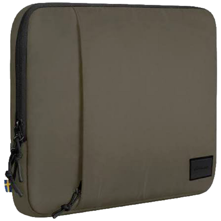 Dark olive laptop sleeve with zippered edges and a small black logo patch.