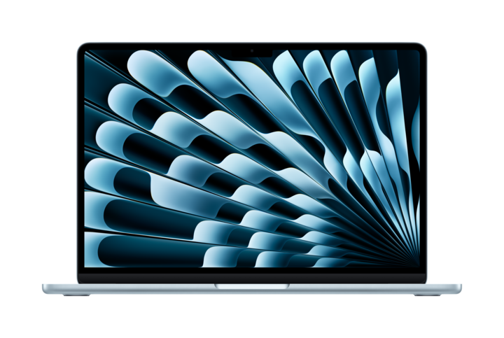 A laptop shown from the front with a display featuring a blue and white abstract feather‑like pattern.