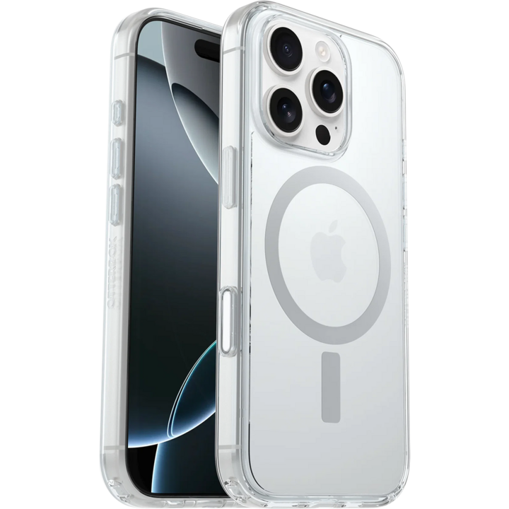 Transparent phone case with MagSafe design on a smartphone with a sleek black and silver screen.
