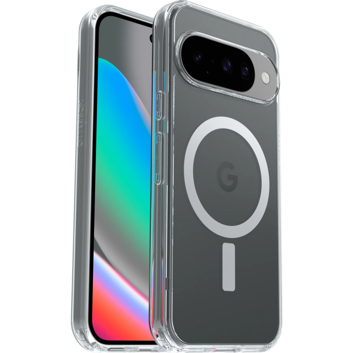 Transparent phone cases on a smartphone showing colorful screen and "G" logo on the back.